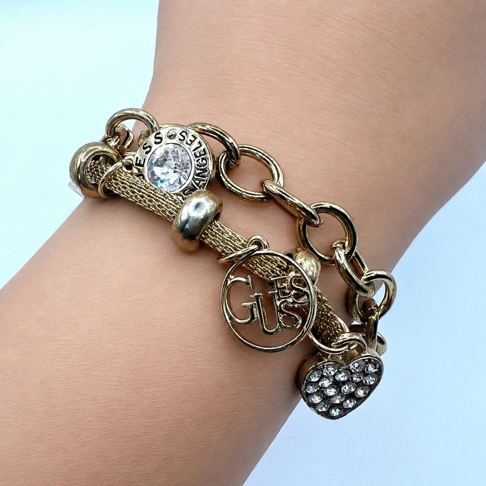 GUESS Gold Tone Charm Bracelet Rhinestone Heart Logo Multi Strand Y2K 7